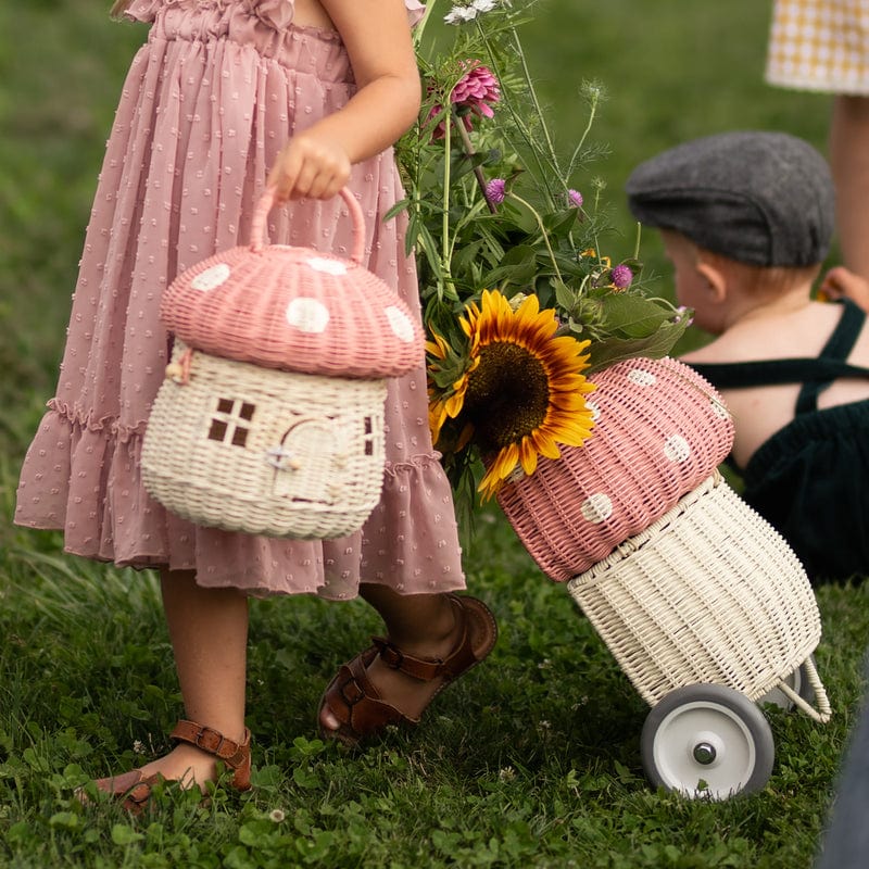 Natural Rattan Mushroom Luggy – Pink Wheeled Storage Basket - Nssoma