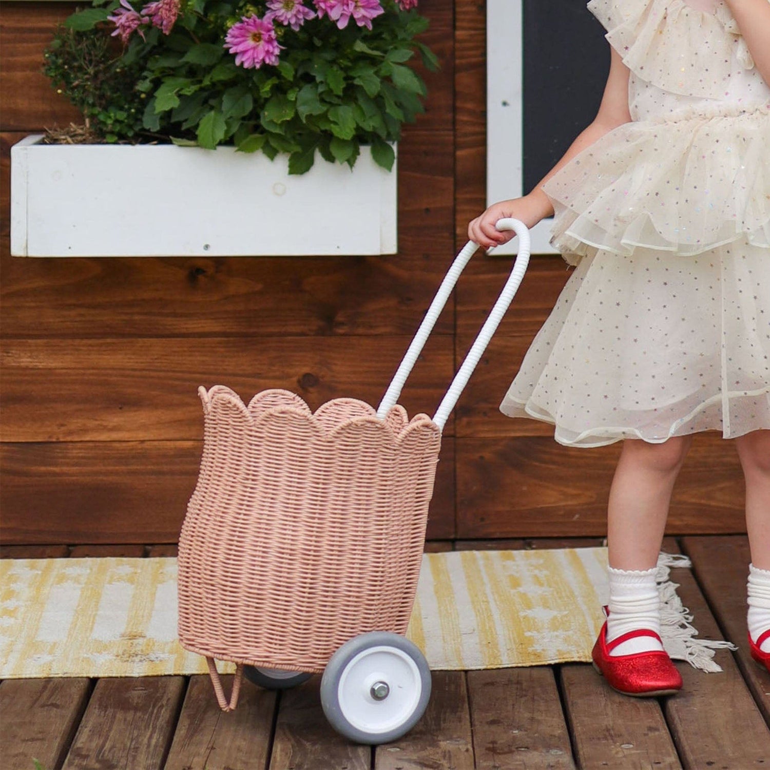 Natural Rattan Petal Luggy – Seashell Pink Wheeled Basket - Nssoma